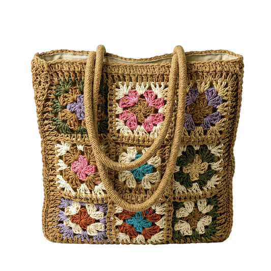 The Artisan Woven Straw Tote with Granny Square Details