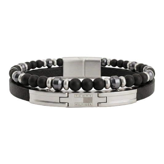 Tommy Hilfiger Men's Double Layer Leather & Beaded Stainless Steel Bracelet