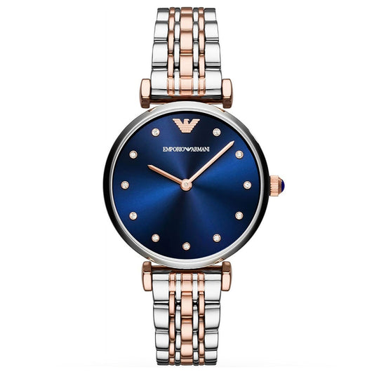 ساعة نسائية باللون الفضي والذهبي الوردي مع مينا زرقاء | AR11092