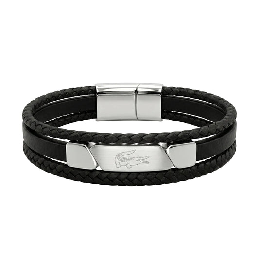 Lacoste Men's Multi-Layer Black Leather & Stainless Steel Bracelet