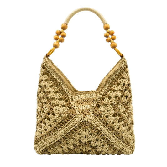 Boho Woven Straw Hobo Bag | Wooden Bead Handle