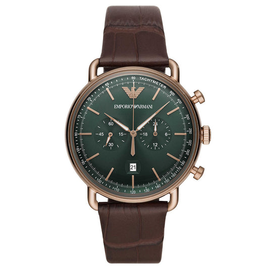 ساعة رجالية بحزام جلدي بني ومينا خضراء | Aviator AR11334