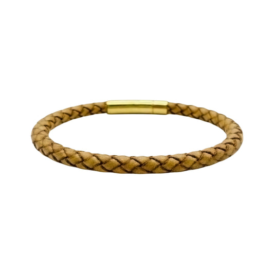 Tan Braided Leather Bracelet with Gold Magnetic Clasp