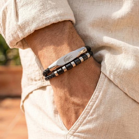 Lacoste Men's Double Layer Braided Leather & Stainless Steel Bracelet