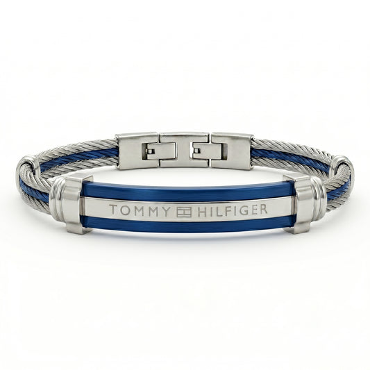 Men's Tommy Hilfiger Silver & Blue Cable Wire Bracelet | Adjustable Size