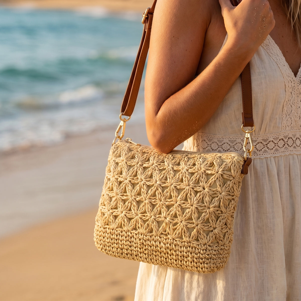 Light Beige Woven Floral Straw Cross body Bag | Genuine Leather Handles
