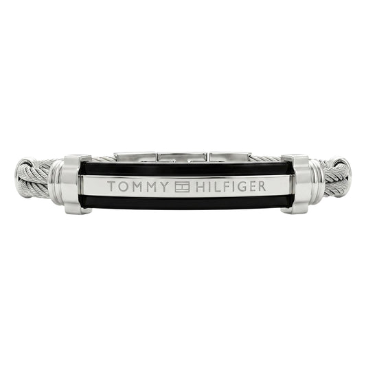 Tommy Hilfiger Silver & Black Cable Wire Bracelet | Adjustable Size