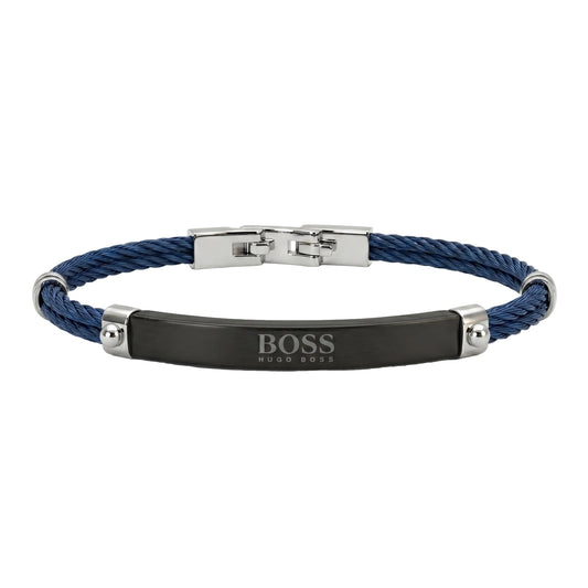 HUGO BOSS Blue Double Cable Wire Men's Bracelet - Black ID Bar