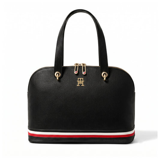 Authentic Tommy Hilfiger Black Dome Satchel - Signature Stripe