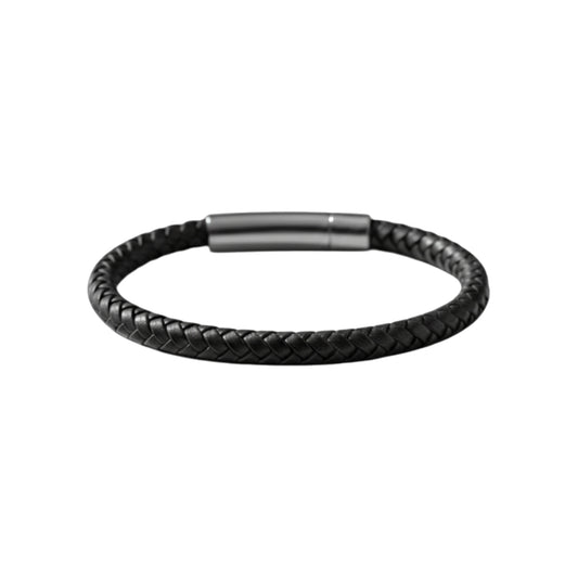 The Black Braided Leather Bracelet & Steel Cuff