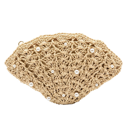 Pearl Embellished Crossbody Woven Straw Fan Clutch Bag