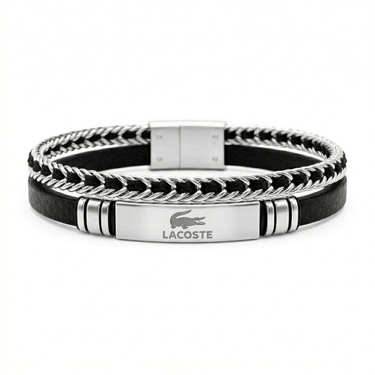 Men's Lacoste Layered Leather & Woven Chain Bracelet