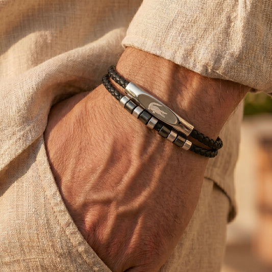 Lacoste Men's Double Layer Braided Leather & Stainless Steel Bracelet