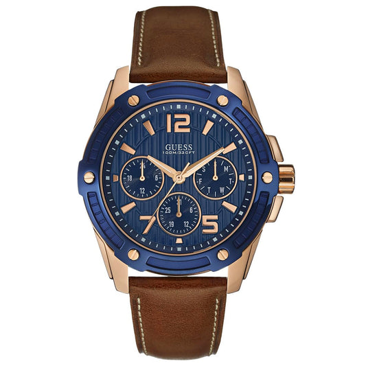 Guess Men's watch brown leather strap with blue dial Flagship | W0600G3