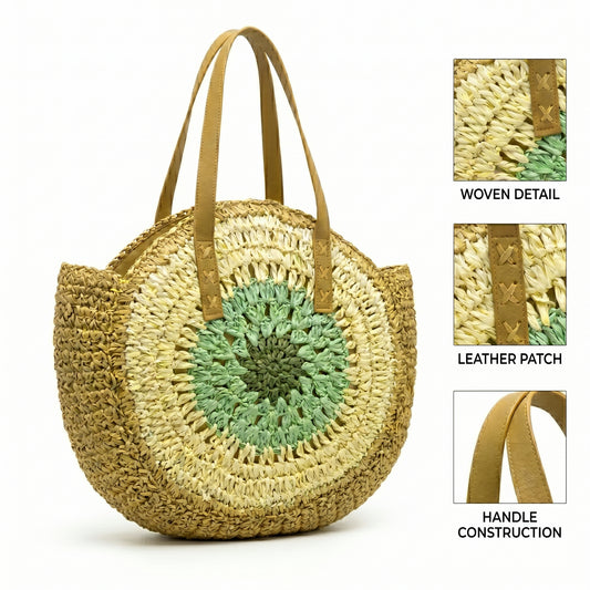 Boho Round Woven Straw Tote Bag | Genuine Leather Handles