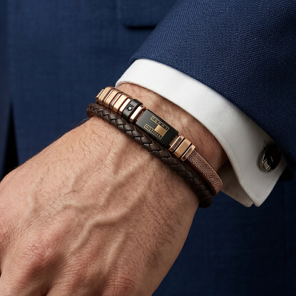 Authentic Tommy Hilfiger Genuine Brown Leather & Steel Men's Bracelet