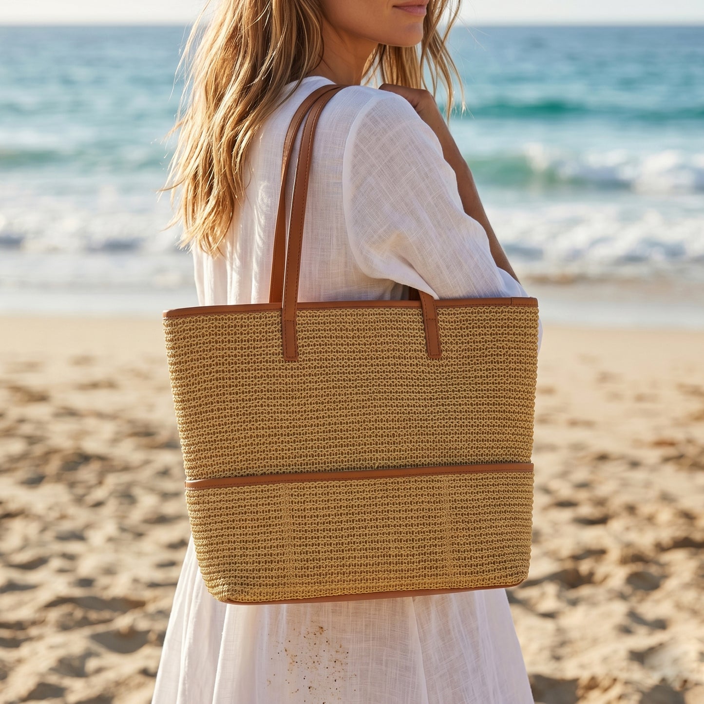 Classic Woven Straw Tote Bag | Genuine Leather Trim & Handles