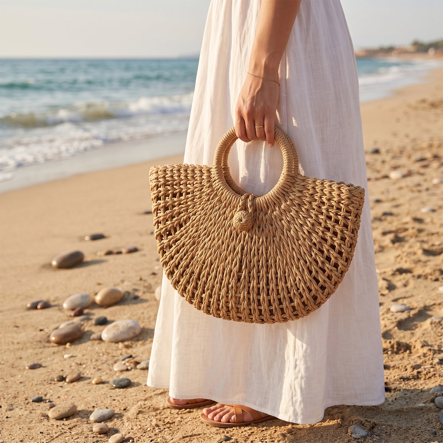 Woven Premium Straw Half-Moon Tote Bag with Built-In Lock