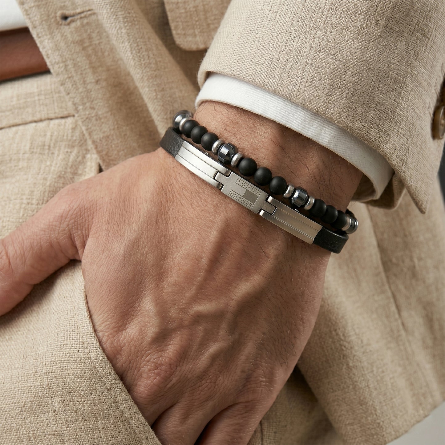 Tommy Hilfiger Men's Double Layer Leather & Beaded Stainless Steel Bracelet
