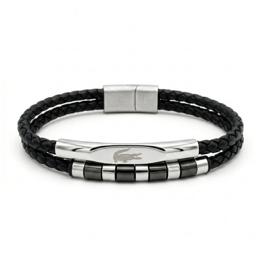 Lacoste Men's Double Layer Braided Leather & Stainless Steel Bracelet