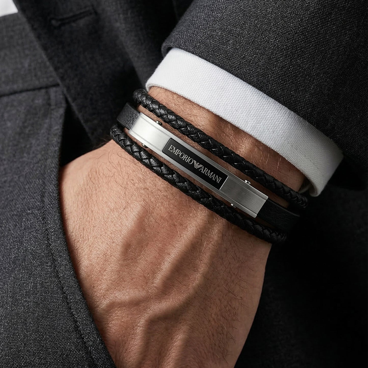 Men's Emporio Armani Multi-Strand Black Genuine Leather Bracelet