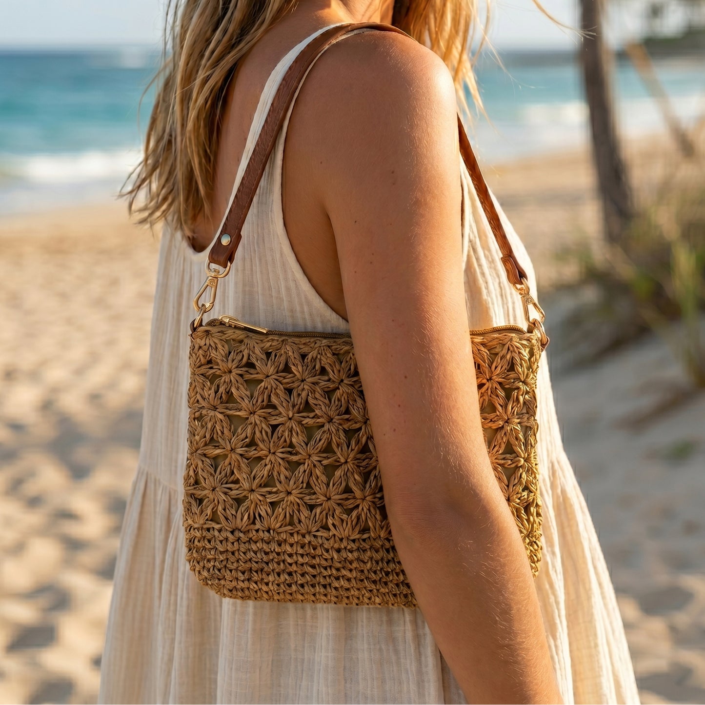 Woven Floral Straw Cross body Bag | Genuine Leather Strap
