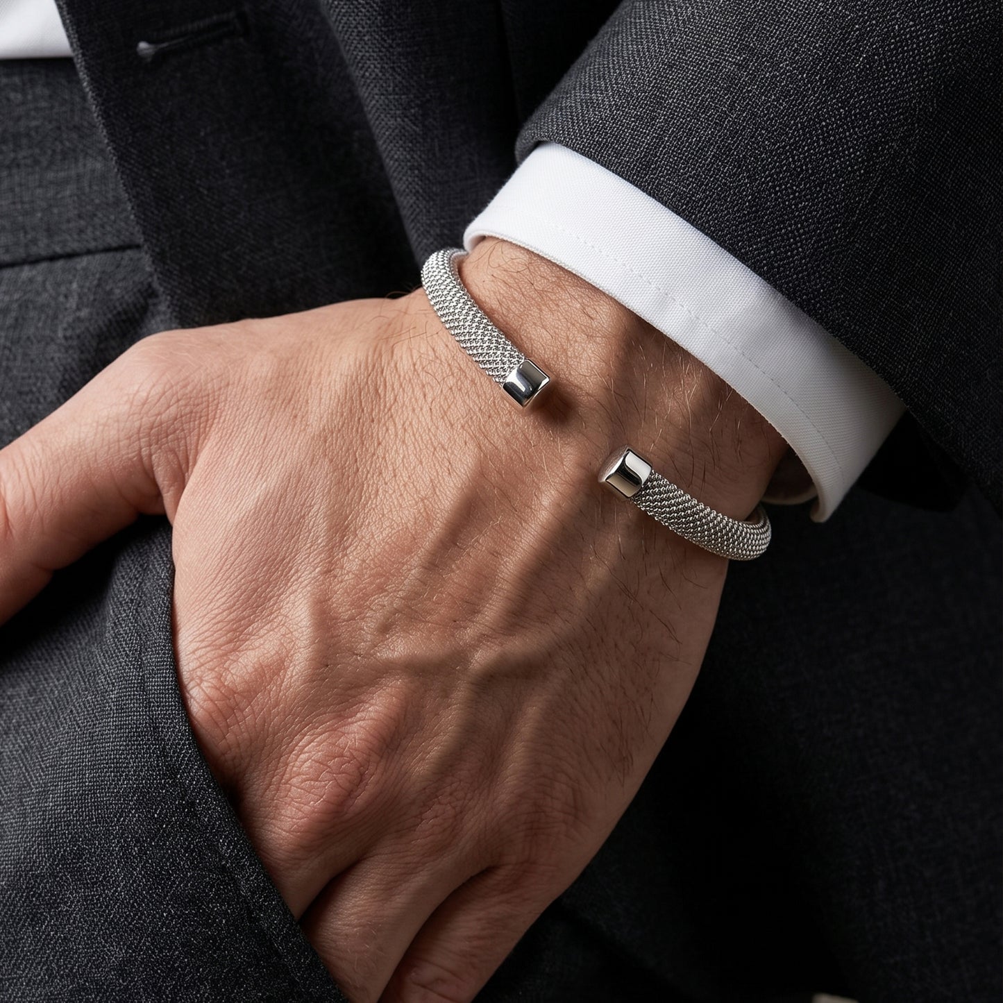 Men's Silver Stainless Steel Wire Cuff Bracelet | Flexible Size