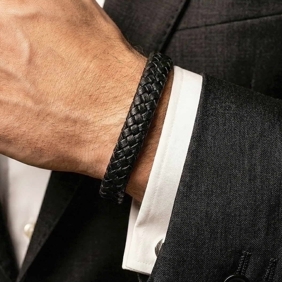 Genuine Leather Men's bracelet Black Color Silver Lock