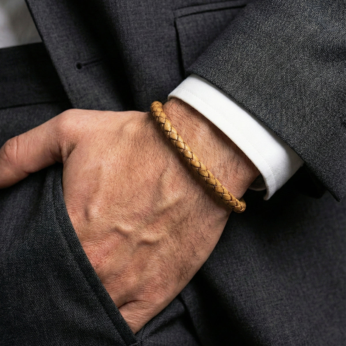 Tan Braided Leather Bracelet with Gold Magnetic Clasp