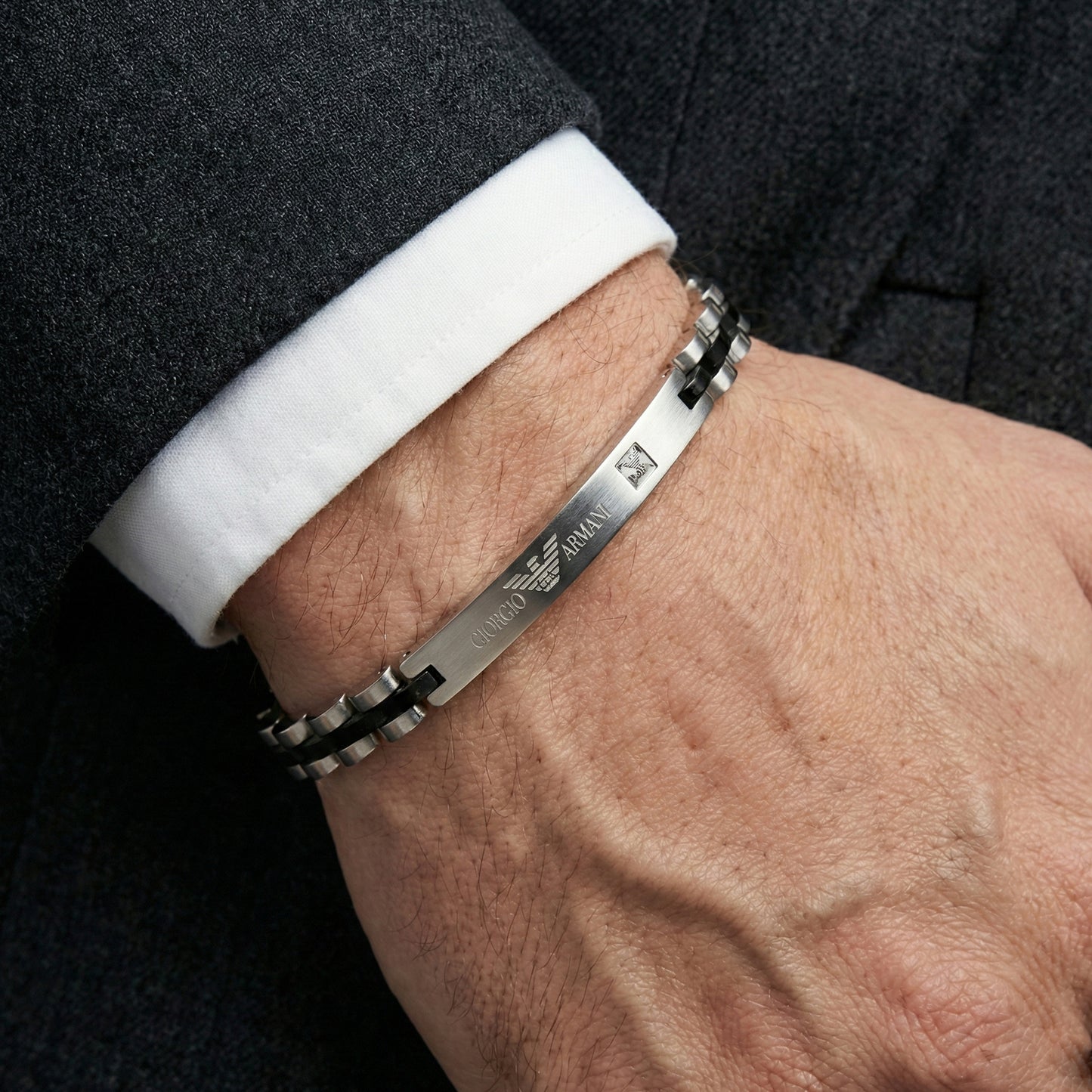 Giorgio Armani Men's Silver Bracelet with Black Accents & Crystal