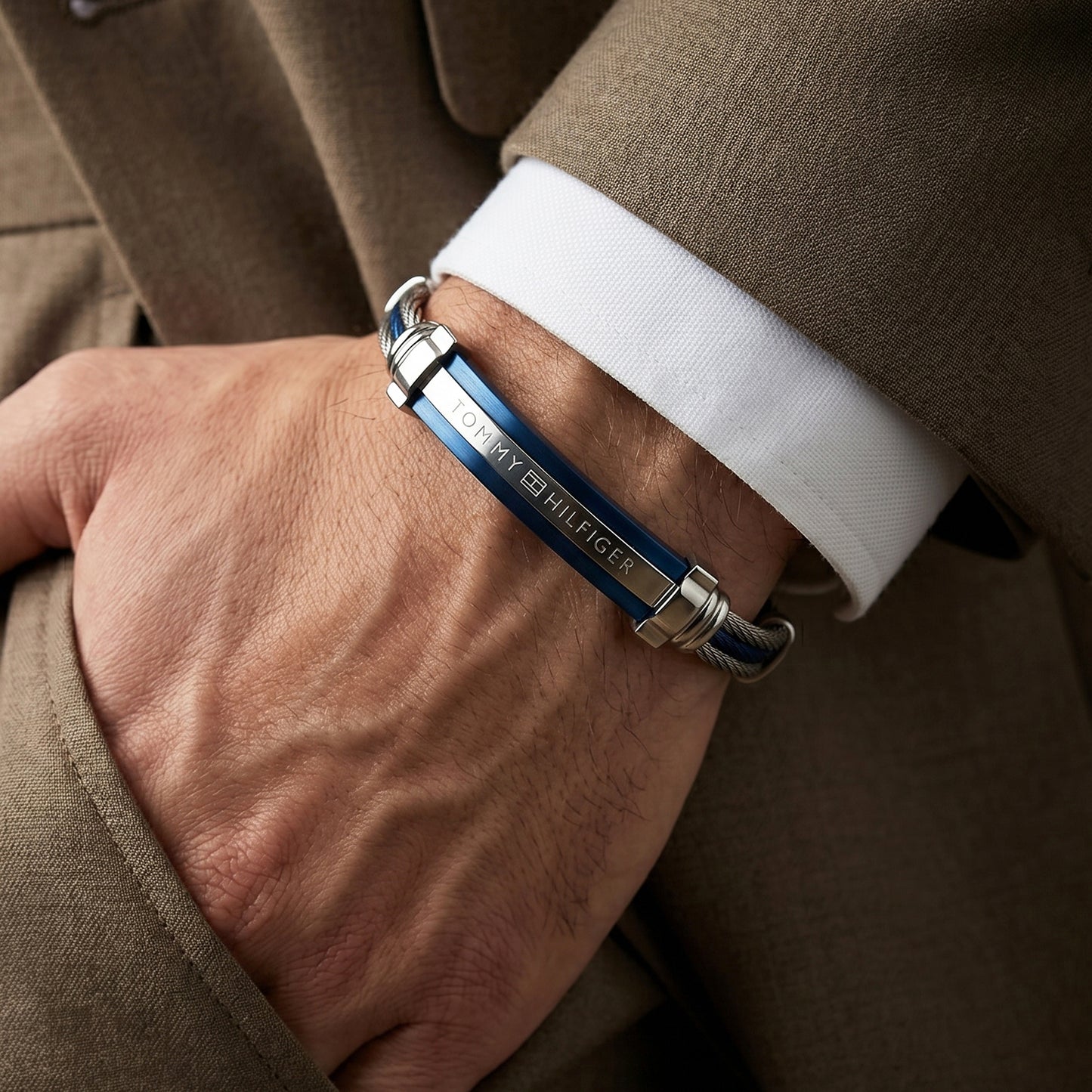 Men's Tommy Hilfiger Silver & Blue Cable Wire Bracelet | Adjustable Size