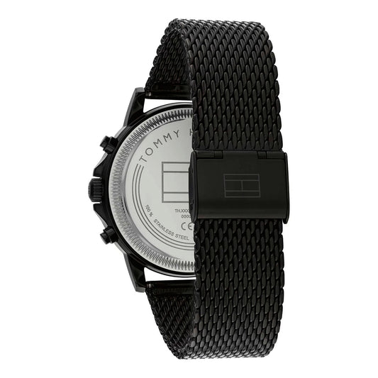 ساعة تومي هيلفيغر بمينا سوداء وسوار من الفولاذ المقاوم للصدأ