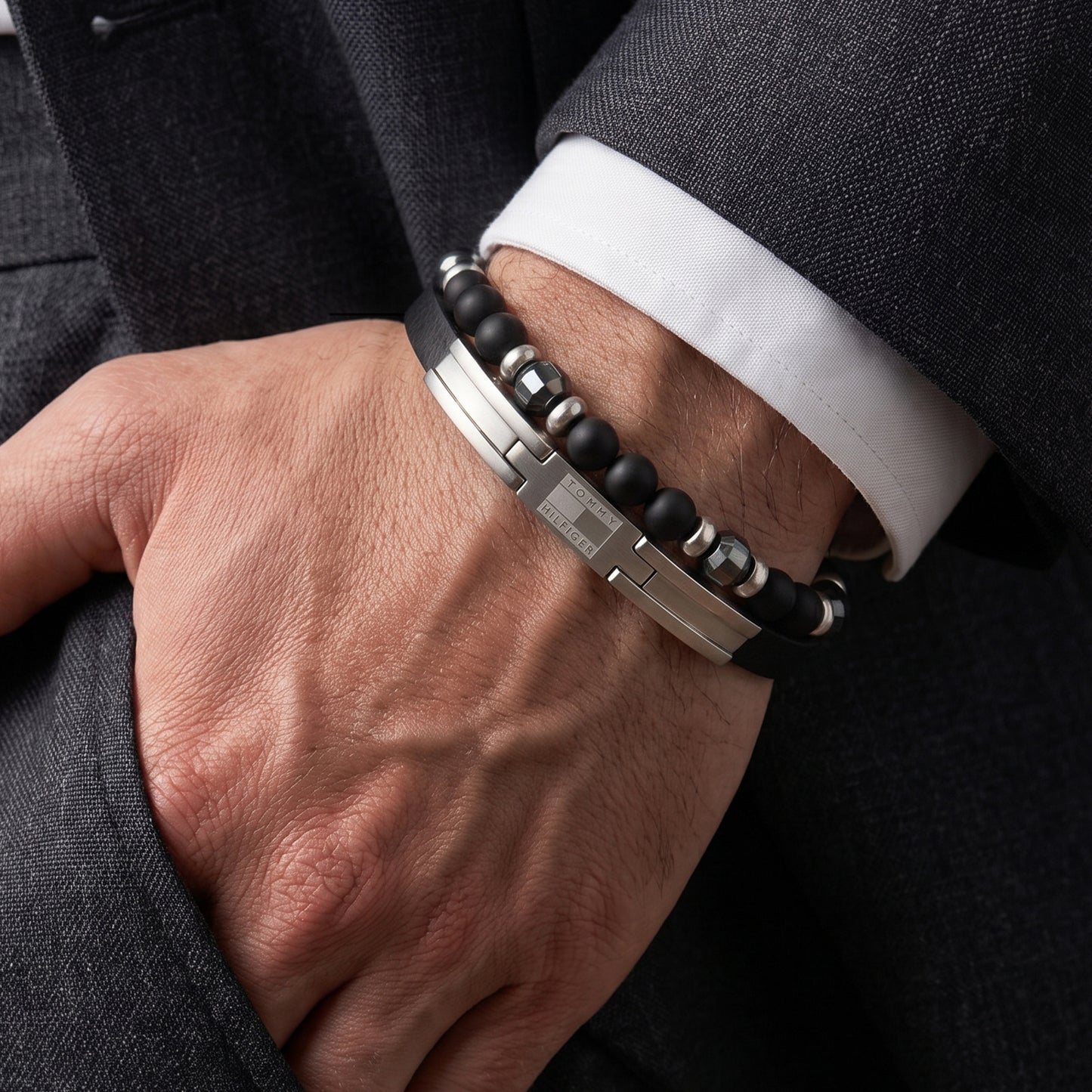 Tommy Hilfiger Men's Double Layer Leather & Beaded Stainless Steel Bracelet