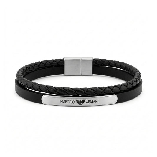 Dual-Layer Braided & Smooth Leather Men's Bracelet | Emporio Armani