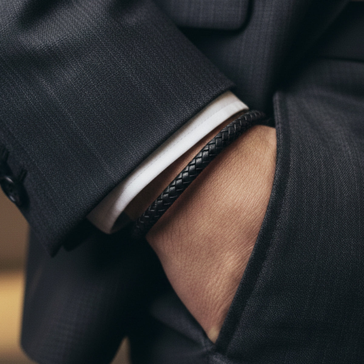 The Black Braided Leather Bracelet & Steel Cuff