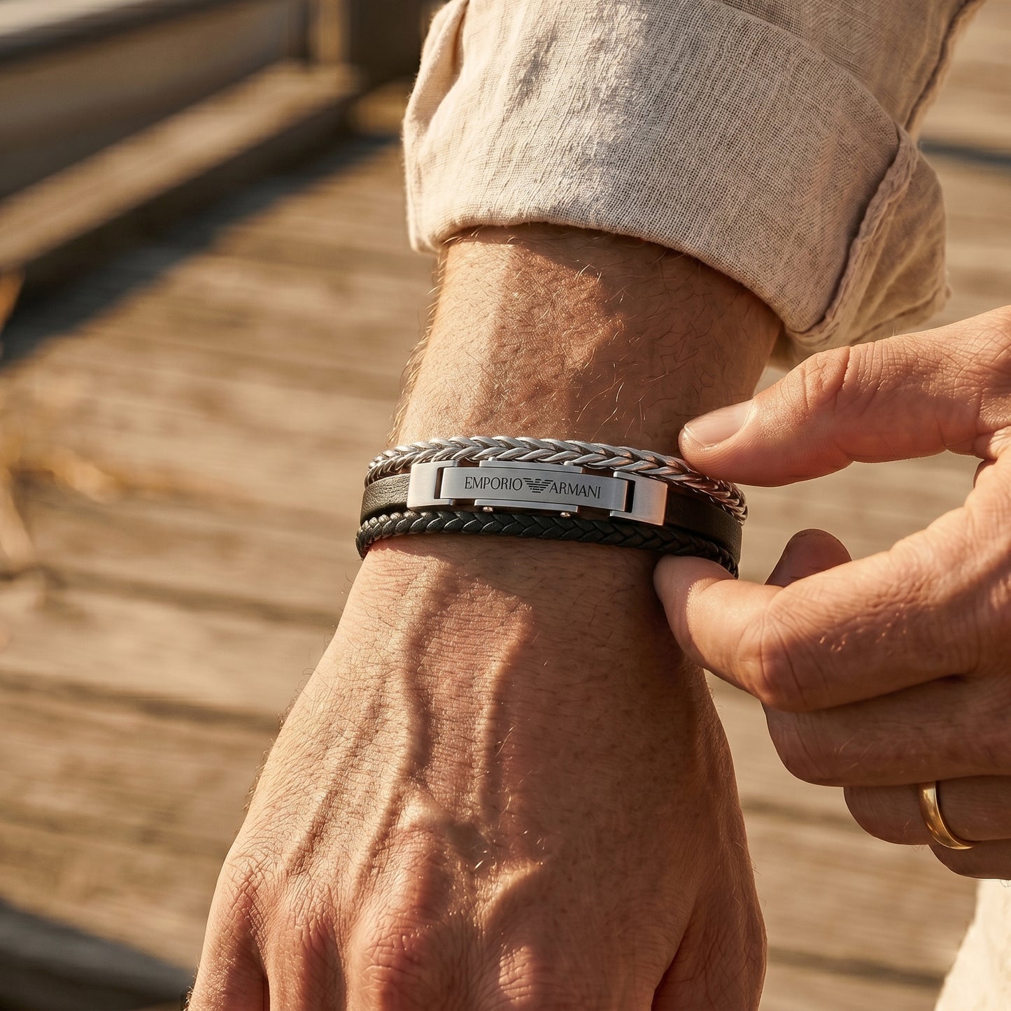 Emporio Armani Men's Triple-Layer Leather & Steel Chain Bracelet