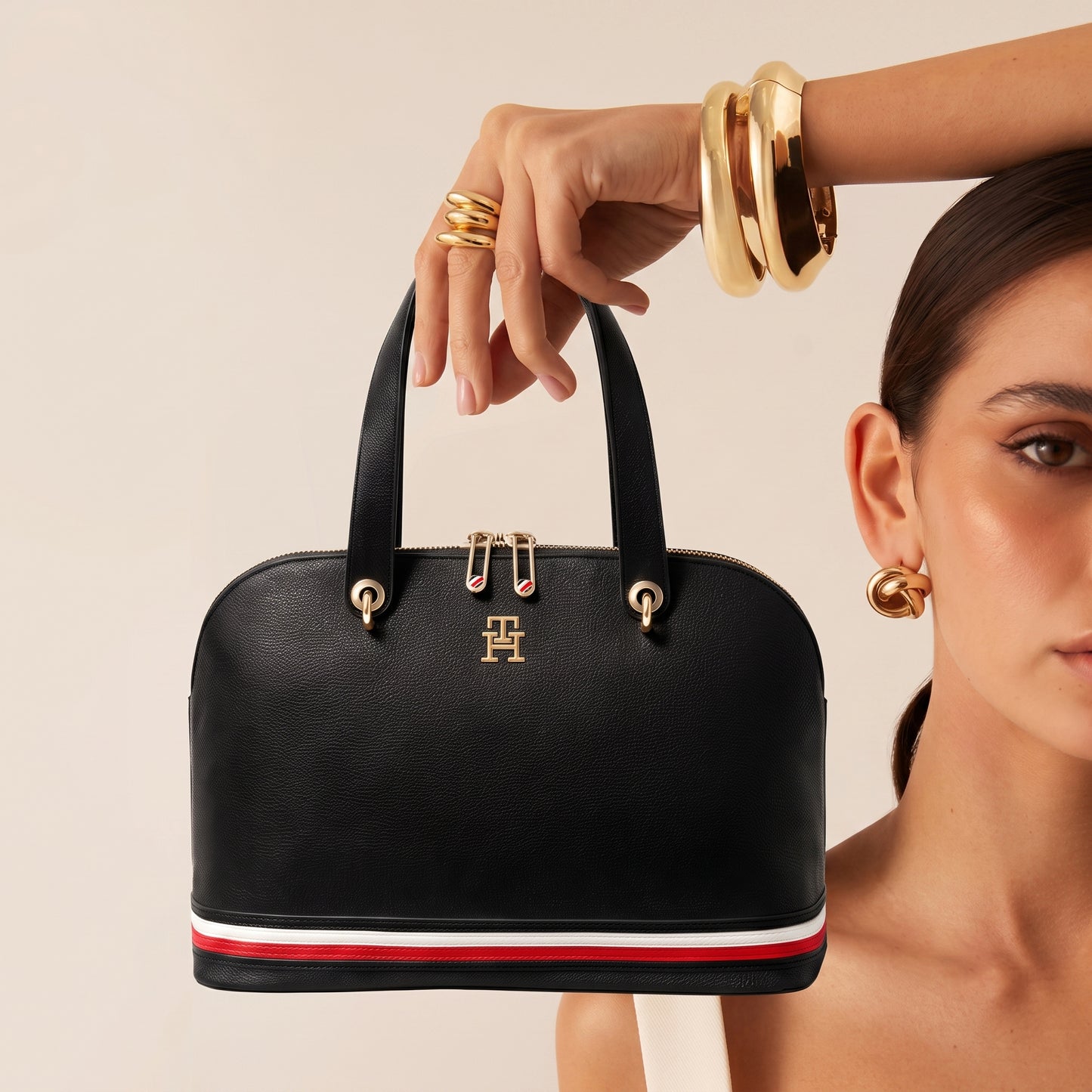 Authentic Tommy Hilfiger Black Dome Satchel - Signature Stripe