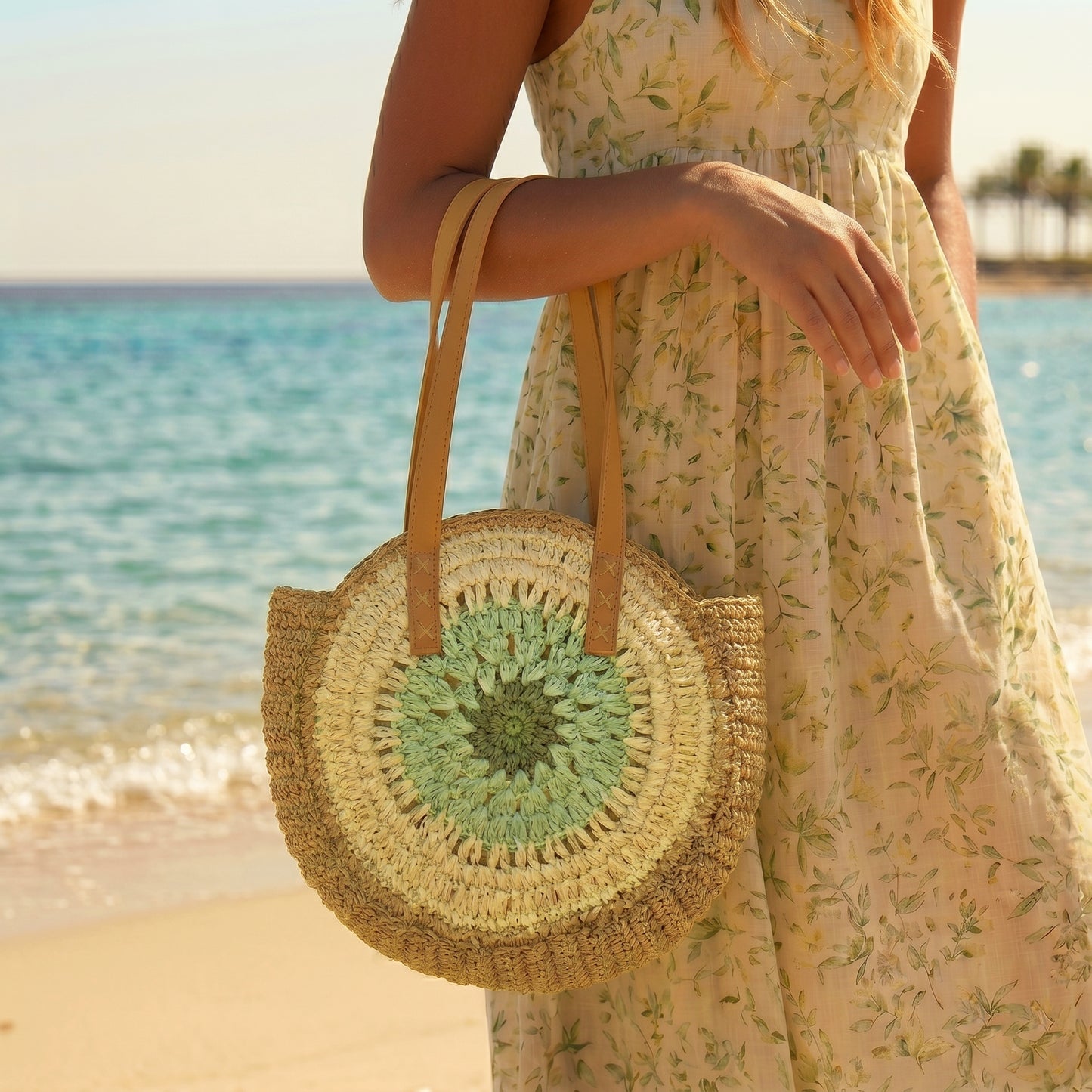 Boho Round Woven Straw Tote Bag | Genuine Leather Handles