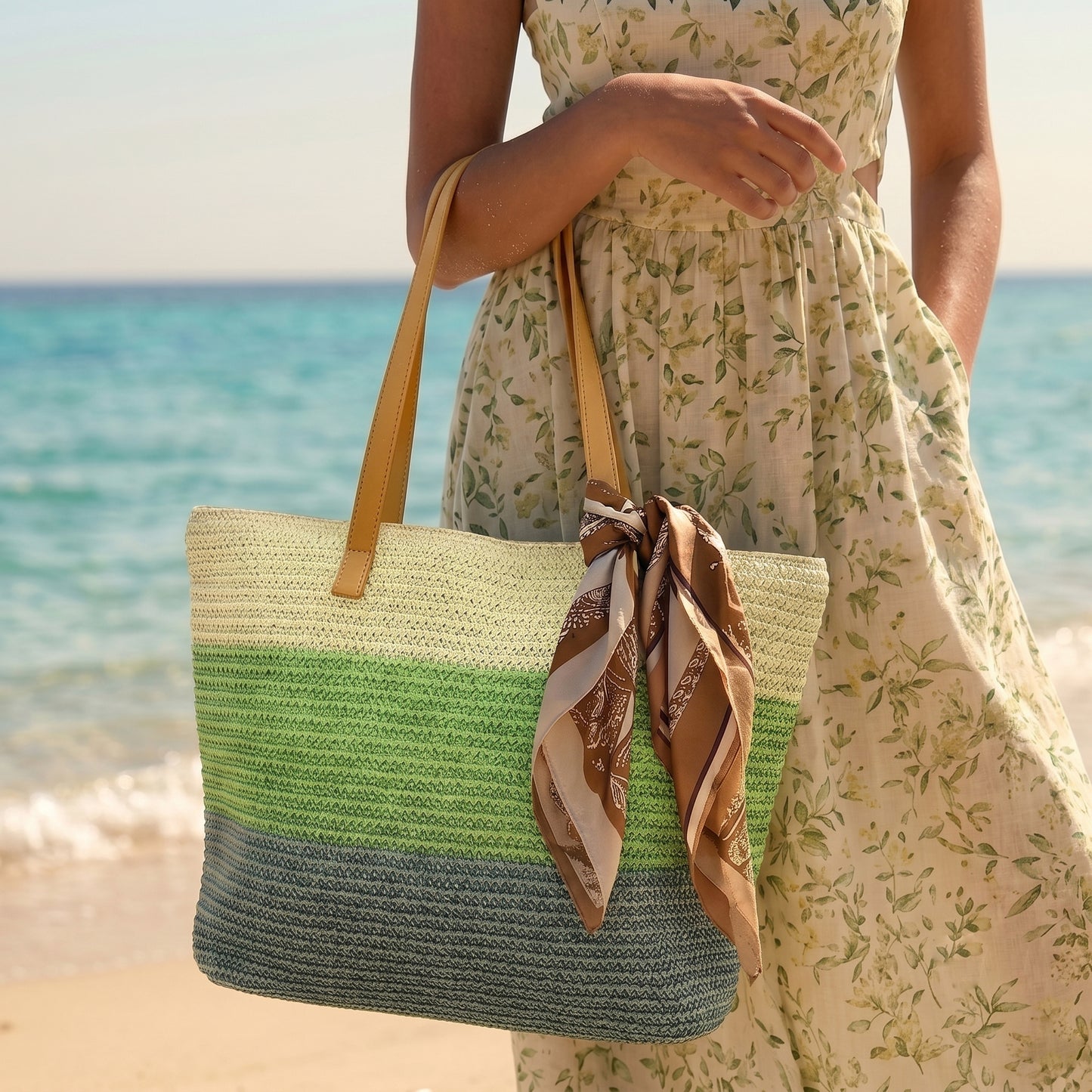 Tri-Color Woven Straw Tote Bag with Faux Leather Straps