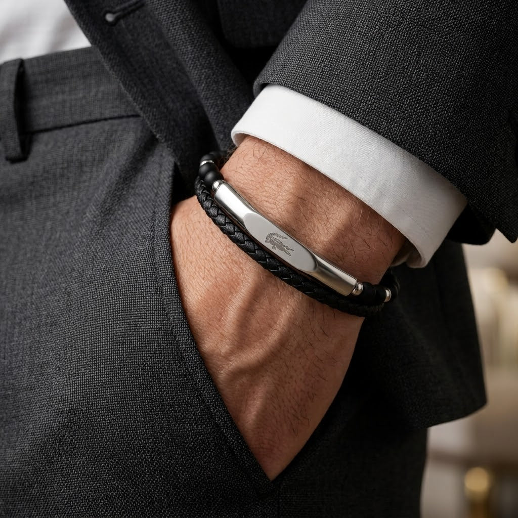 Lacoste Men's Double-Strand Beaded Leather & Steel Bar Bracelet