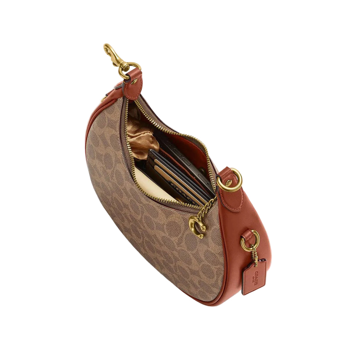Authentic Coach Signature Canvas Crescent Shoulder Bag | Tan & Rust