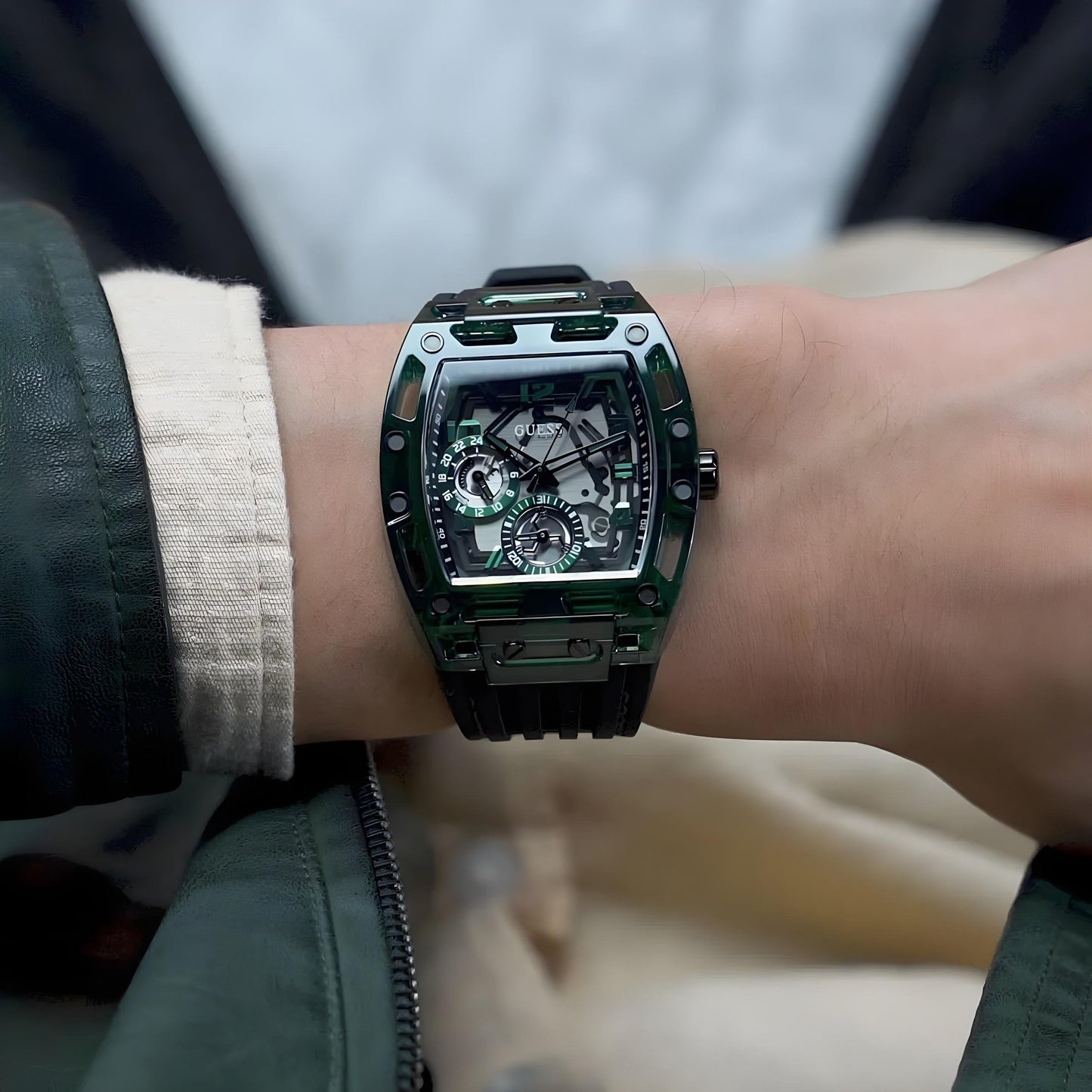 Guess Black Silicone Strap Men's Watch Green Dial | GW0499G7