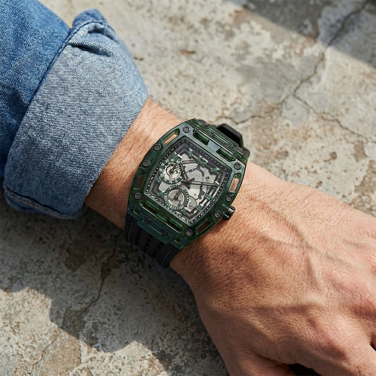 Guess Black Silicone Strap Men's Watch Green Dial | GW0499G7