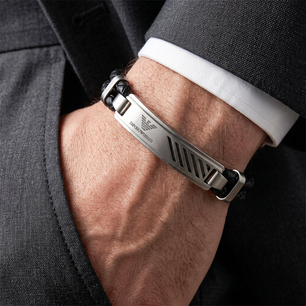 Emporio Armani Men's Double-Braided Black Leather & Steel ID Plate Bracelet