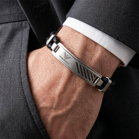 Emporio Armani Men's Double-Braided Black Leather & Steel ID Plate Bracelet