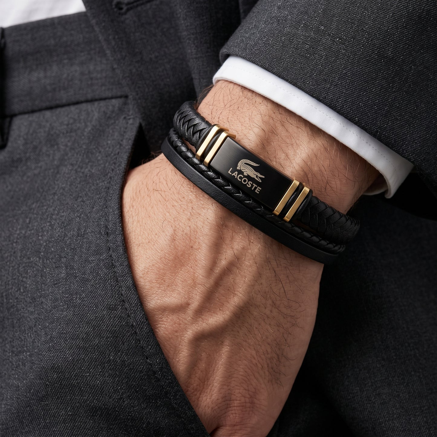 Lacoste Men's Triple-Layer Black Leather Bracelet with Gold Accents & Gold Clasp