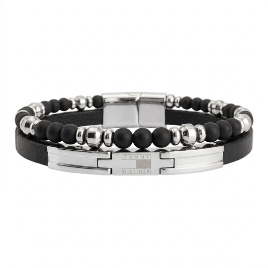 Tommy Hilfiger Men's Double Layer Leather & Beaded Stainless Steel Bracelet