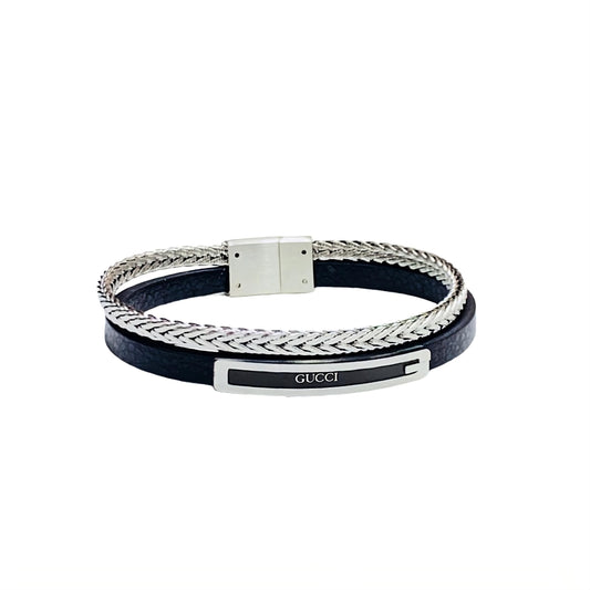 Gucci two-layer leather and stainless steel bracelet for Men