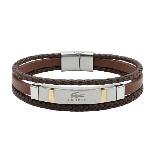 Lacoste Braided Brown Leather Bracelet with Gold Accents