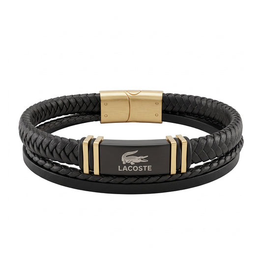Lacoste Men's Triple-Layer Black Leather Bracelet with Gold Accents & Gold Clasp